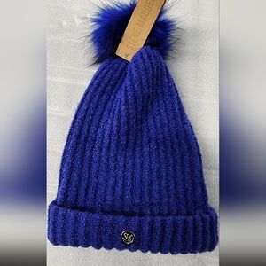 Steve Madden Blue Faux fur pom pom beanie